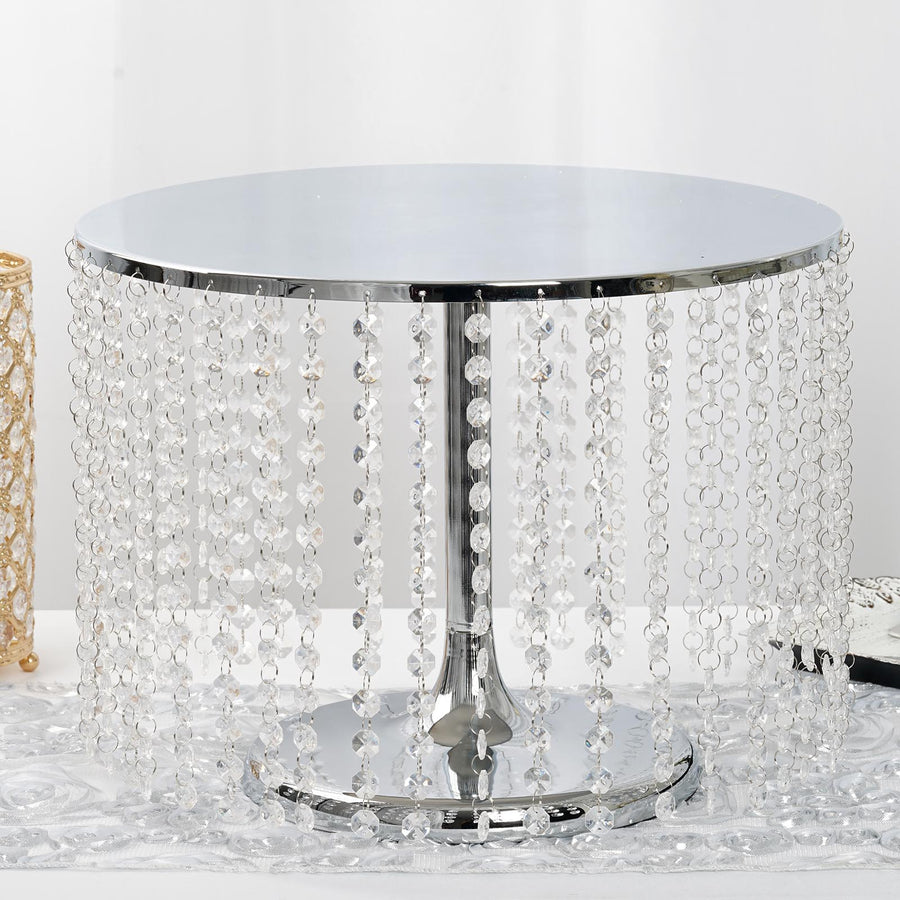 14" Round 12" Tall Metallic Silver Cake Stand, Cupcake Dessert Pedestal With Crystal Chains