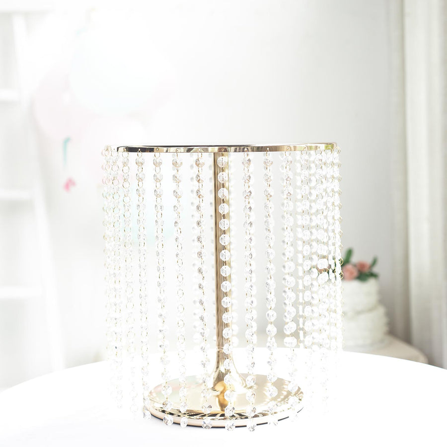 14" Round 16" Tall Metallic Gold Cake Stand, Cupcake Dessert Pedestal With Crystal Chains