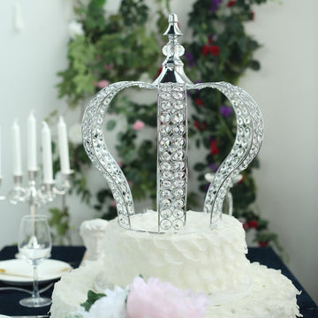 16" Metallic Silver Crystal-Bead Royal Crown Cake Topper, Centerpiece