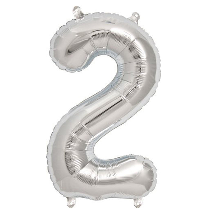 Silver helium number 2 balloon on a plain background