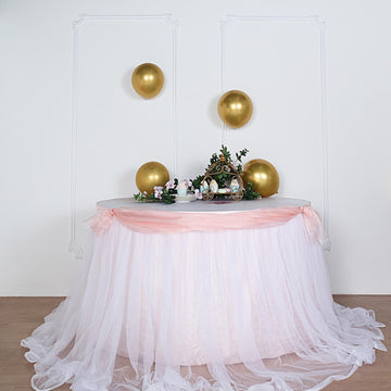 17ft Blush White Extra Long 48" Two Layered Tulle and Satin Table Skirt