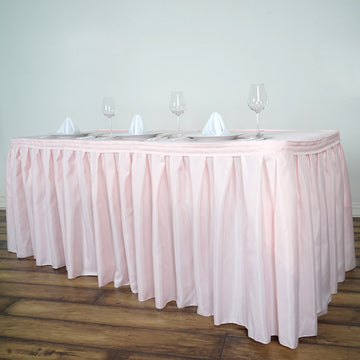 17ft Blush Pleated Polyester Table Skirt, Banquet Folding Table Skirt