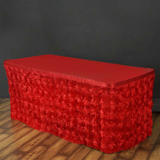 Add Elegance to Your Event with the 17ft Red Rosette 3D Satin Table Skirt