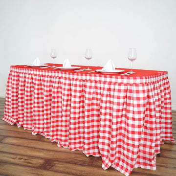 17ft White Red Buffalo Plaid Gingham Table Skirt, Checkered Polyester Table Skirt