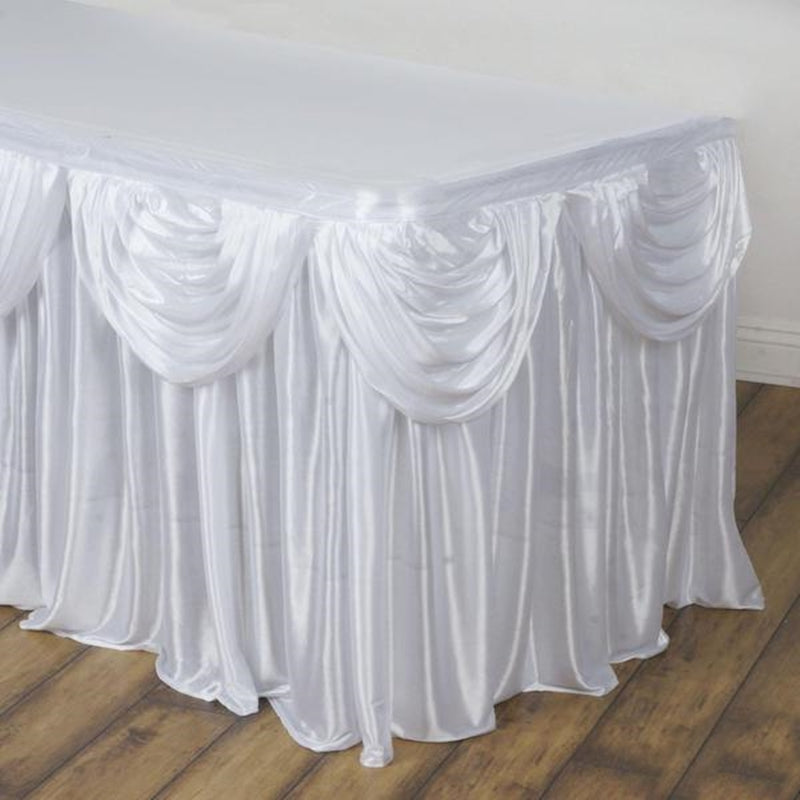 17FT White Pleated Satin Double Drape Table Skirt