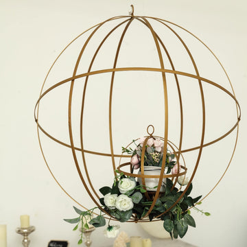 18" Gold Wrought Iron Open Frame Centerpiece Ball, Candle Holder Floral Display Hanging Sphere