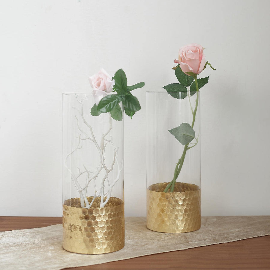 2 Pack | 12inch Glass Cylinder Vases with Gold Honeycomb Base | Glass Candle Holder Set