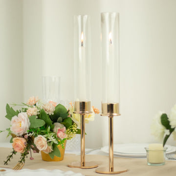 2 Pack | 16" Gold Metal Clear Glass Hurricane Candle Stands, Taper Candlestick Holders With Glass Chimney Candle Shades