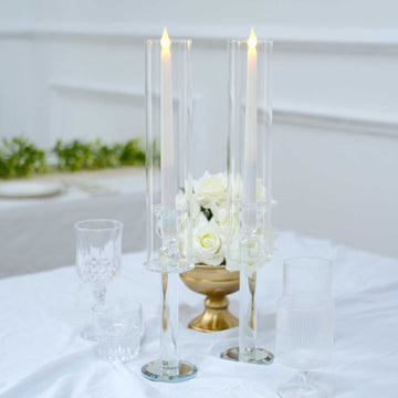 2 Pack | 18" Tall Clear Crystal Glass Hurricane Taper Candle Holders With Cylinder Chimney Tubes