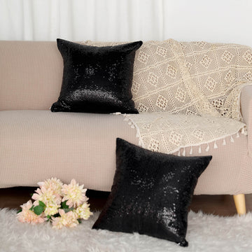 2 Pack | 18"x18" Sequin Throw Pillow Cover, Decorative Cushion Case - Square Black Sequin