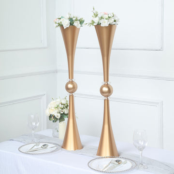 2 Pack | 31" Shiny Gold Crystal Embellishment Trumpet Flower Vase, Reversible Plastic Table Centerpiece