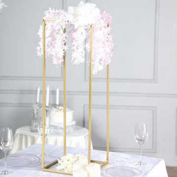2 Pack | 32" Rectangular Gold Metal Wedding Flower Stand, Geometric Column Frame Centerpiece