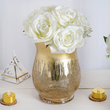 2 Pack | 8" Gold Curvy Bell Shaped Crackle Glass Hurricane Vase, Votive Tealight Candle Holders