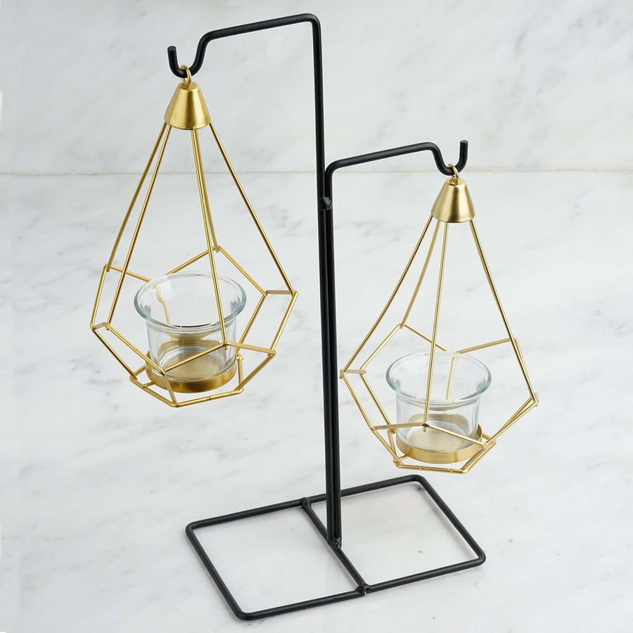 2 Pack | 8inch Gold Hanging Geometric Tealight Candle Holders with 14inch Tall Black Iron Stand