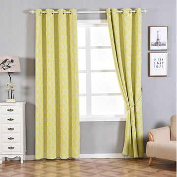 2 Pack White Yellow Lattice Room Darkening Blackout Curtain Panels With Grommet, Trellis Insulated Curtains 52"x96" - Clearance SALE