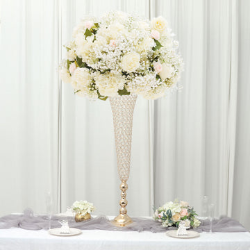 2 Pack | Gold 40” Tall Crystal Beaded Trumpet Vase Set, Table Centerpiece