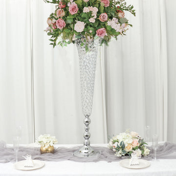 2 Pack | Silver 40” Tall Crystal Beaded Trumpet Vase Set, Table Centerpiece