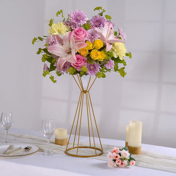 20" Dual Cone Reversible Gold Metal Geometric Flower Stand, Wedding Vase Pedestal, Column Centerpiece