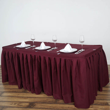 21ft Burgundy Pleated Polyester Table Skirt, Banquet Folding Table Skirt