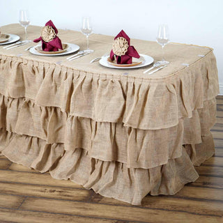 Experience the Perfect Blend of Rustic Elegance with the 21ft Natural 3 Tier Ruffled Burlap Table Skirt