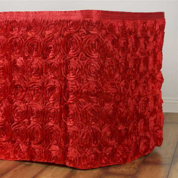 21FT Wholesale Rosette 3D Satin Table Skirt For Restaurant Party Event Decoration - RED