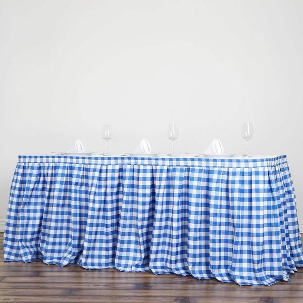 Checkered Table Skirt | 21FT | White/Blue | Buffalo Plaid Gingham Polyester Table Skirts