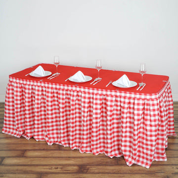 21ft White Red Buffalo Plaid Gingham Table Skirt, Checkered Polyester Table Skirt