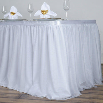 21ft White 2 Layer Tulle Tutu Table Skirt With Satin Attachment
