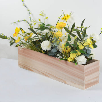 24"x6" Tan Rectangular Wood Planter Box, Plant Holder With Removable Plastic Liners