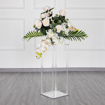 24" Clear Acrylic Wedding Table Centerpiece Vase With Square Mirror Base, Flower Pillar Column Stand