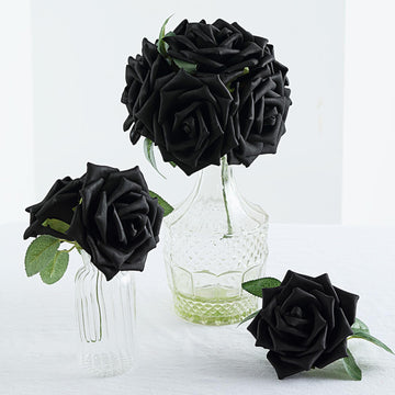 24 Roses 5" Black Artificial Foam Flowers With Stem Wire and Leaves