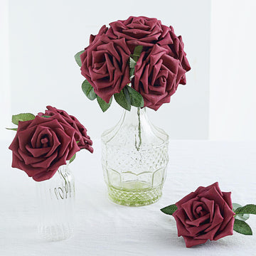 24 Roses 5" Burgundy Artificial Foam Flowers With Stem Wire and Leaves