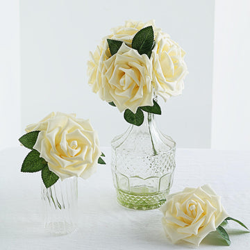 24 Roses | 5" Cream Artificial Foam Flowers With Stem Wire and Leaves