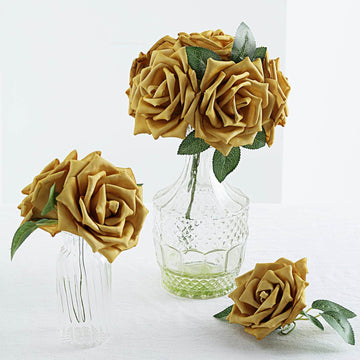 24 Roses 5" Gold Artificial Foam Flowers With Stem Wire and Leaves