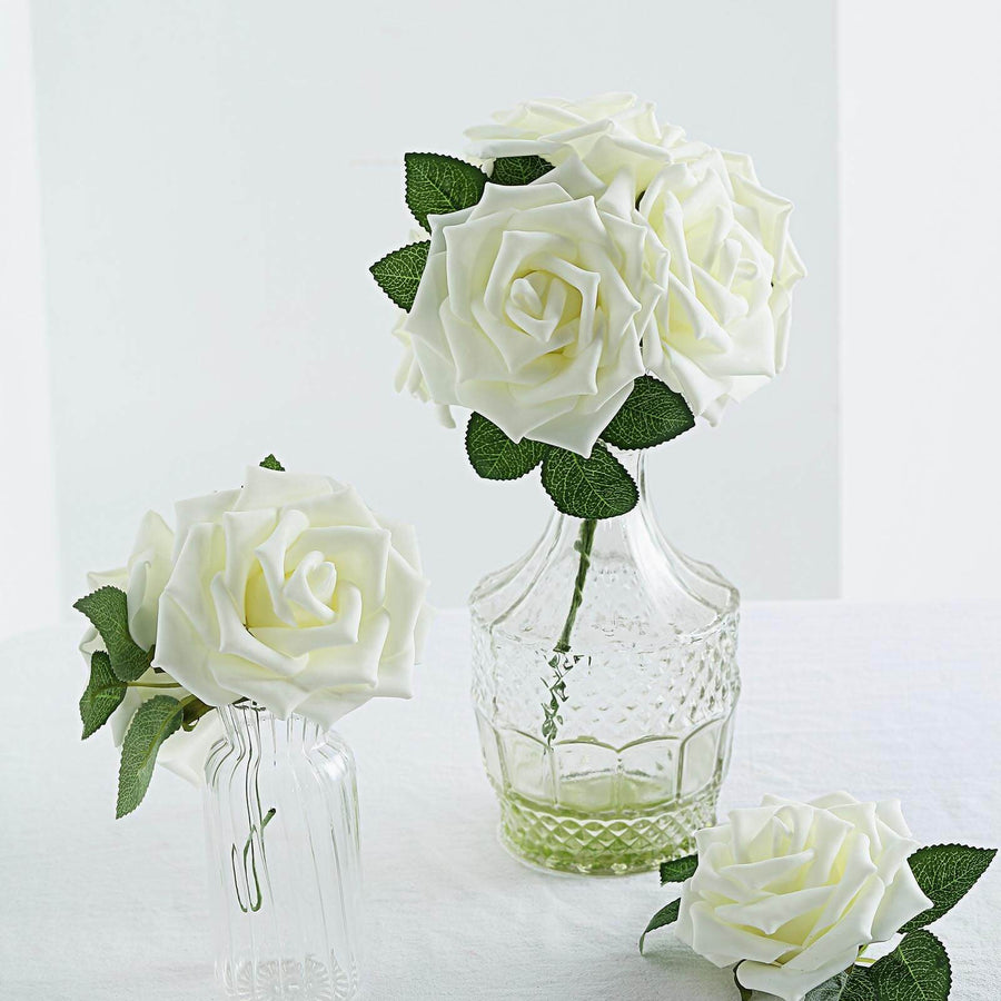 24 Roses | 5inch Ivory Artificial Foam Flowers With Stem Wire and Leaves