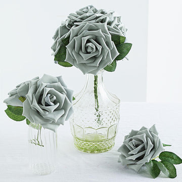 24 Roses 5" Silver Artificial Foam Flowers With Stem Wire and Leaves