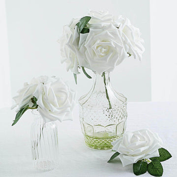 24 Roses 5" White Artificial Foam Flowers With Stem Wire and Leaves