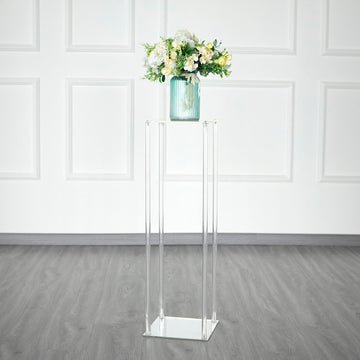 32" Clear Acrylic Floor Vase Wedding Column With Square Mirror Base, Flower Stand