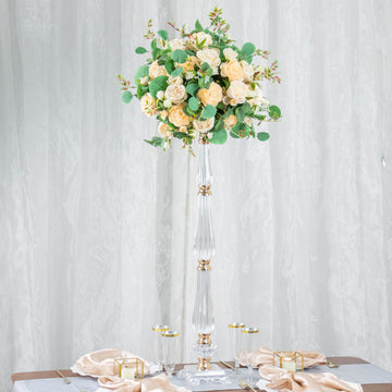 32" Gold / Clear Acrylic Crystal Flower Bowl Pedestal Stand, Pillar Candle Holder Wedding Table Centerpiece