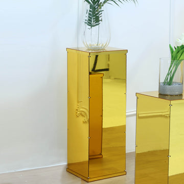32" Gold Mirror Finish Acrylic Display Box, Pedestal Riser with Interchangeable Lid and Base