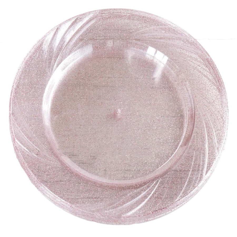 12 Pack | 9inch Blush Rose Gold Glittered Plastic Disposable Dinner Plates Shiny Swirl Rim#whtbkgd
