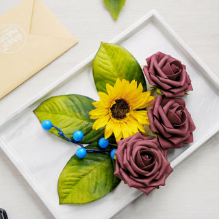 Add Elegance to Your Décor with Burgundy/Pink Artificial Rose, Silk Sunflower, and Blueberry Stems Mix Flower Box