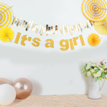 3ft Gold Glittered It's a Girl Paper Hanging Gender Reveal Garland Banner, Baby Shower Banner