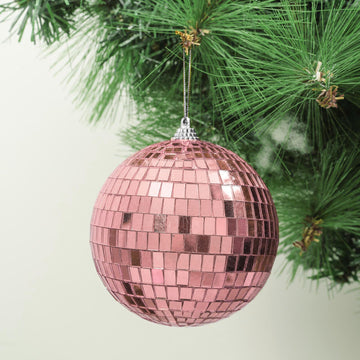 4 Pack 4" Rose Gold Foam Disco Mirror Ball With Hanging Strings, Holiday Christmas Ornaments