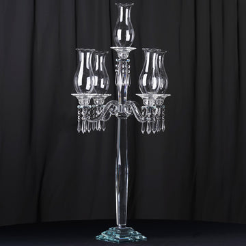 40" 5 Arm Premium Crystal Glass Taper Candle Holder Candelabra With Chandelier Chains