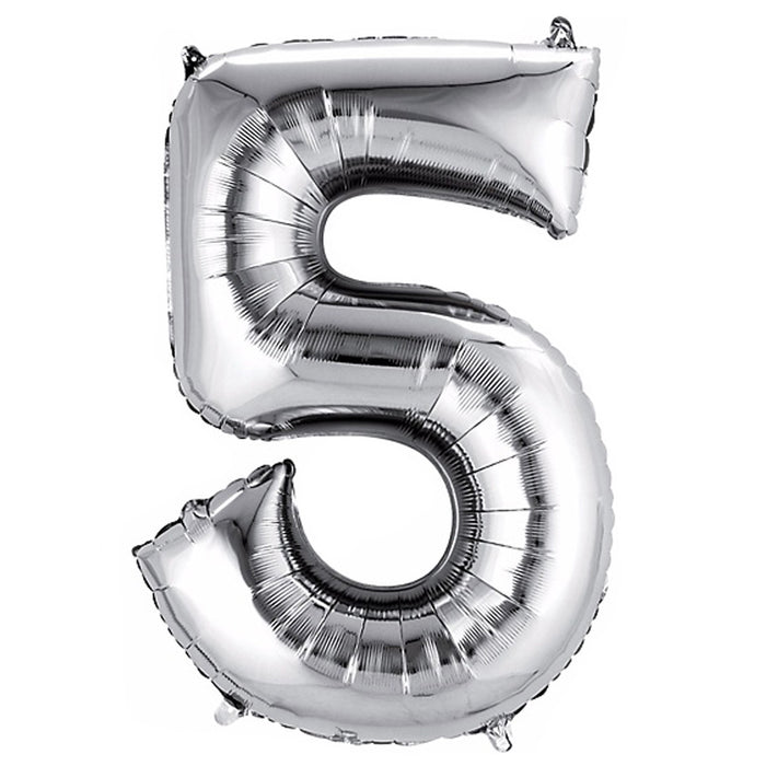 Silver foil balloon number 5 on a white background