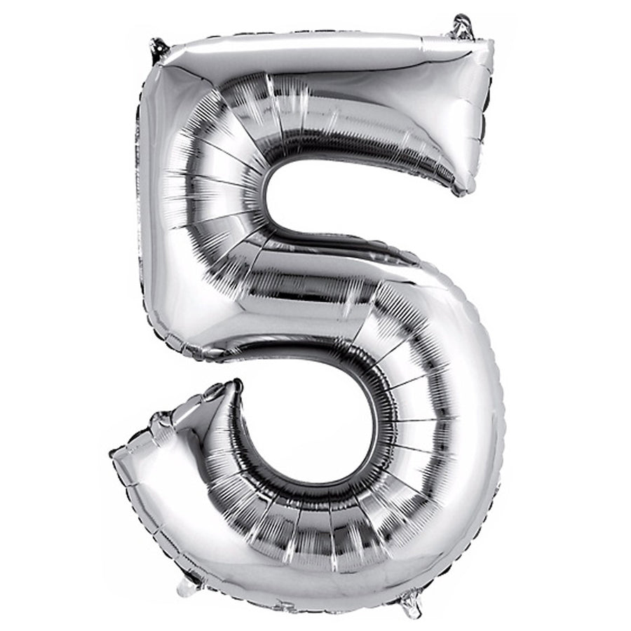 Silver foil balloon number 5 on a white background