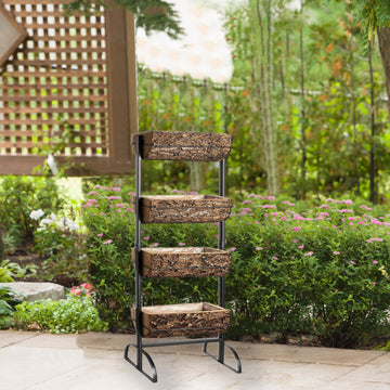 42" 4-Tier Metal Ladder Plant Stand With Natural Wooden Log Planters