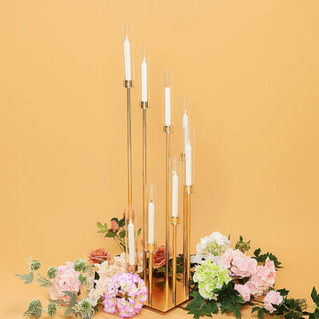 42" Gold 8 Arm Cluster Taper Candle Holder With Clear Glass Shades, Large Candle Arrangement