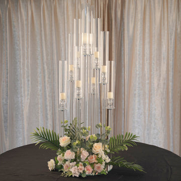47" Clear 10 Arm Crystal Cluster Round Taper Candelabra, Candle Holder For Votive, Pillar or LED Candles With Mirror Base